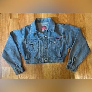 Cropped Light Wash Denim Jacket with Red Label
